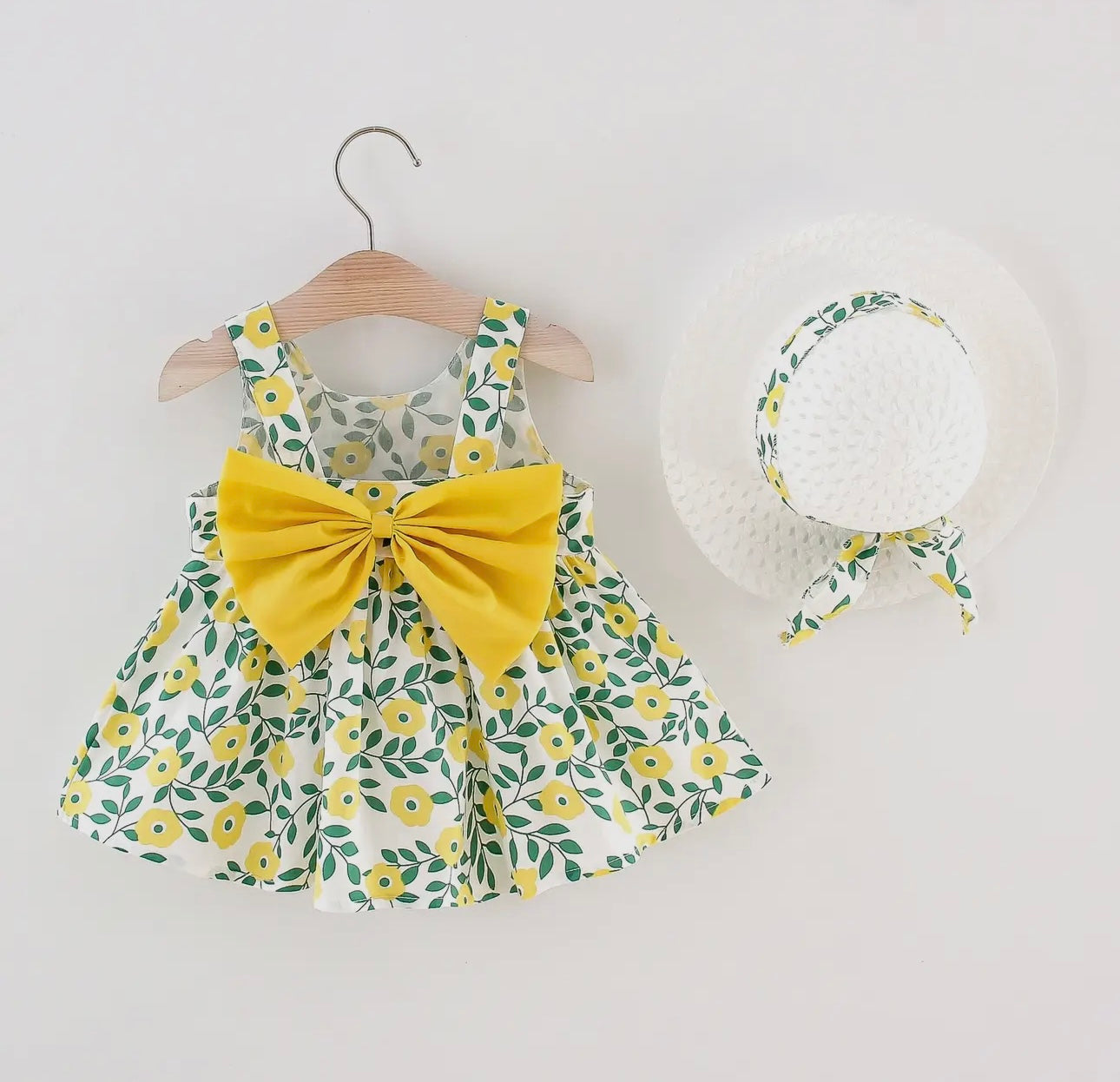 2 piece yellow dress and hat set
