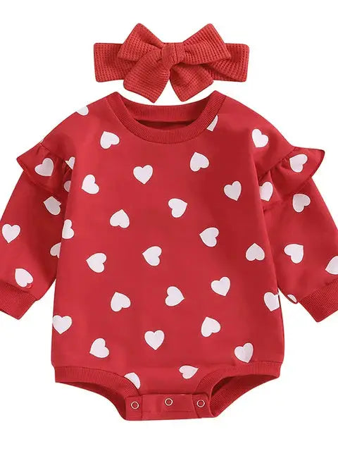 Ruffle shoulder Red & Hearts Onesie with Matching Headband (Valentine's Day)