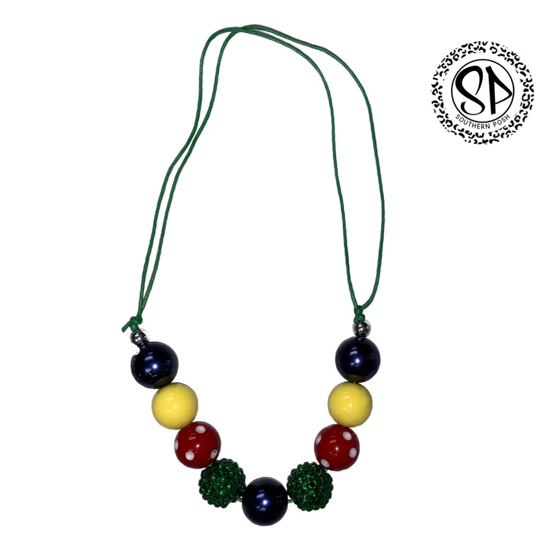 red, green, yellow midnight blue necklace